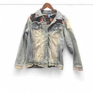 Womens Distressed denim jacket with embroidered lace details by Arizona size‎ L
